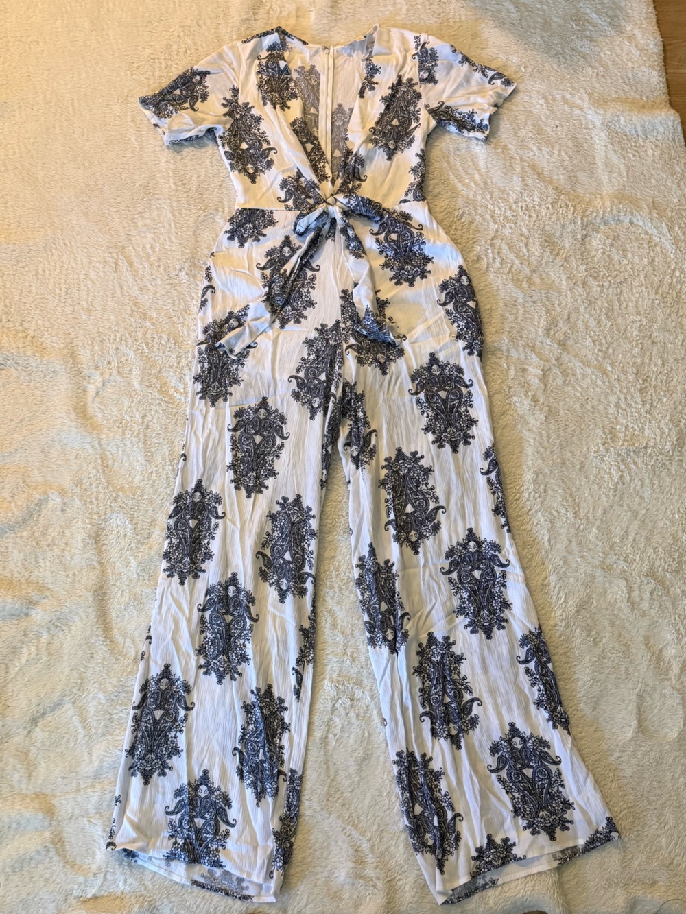 Tie-Front Short Sleeve Paisley Print Jumpsuit